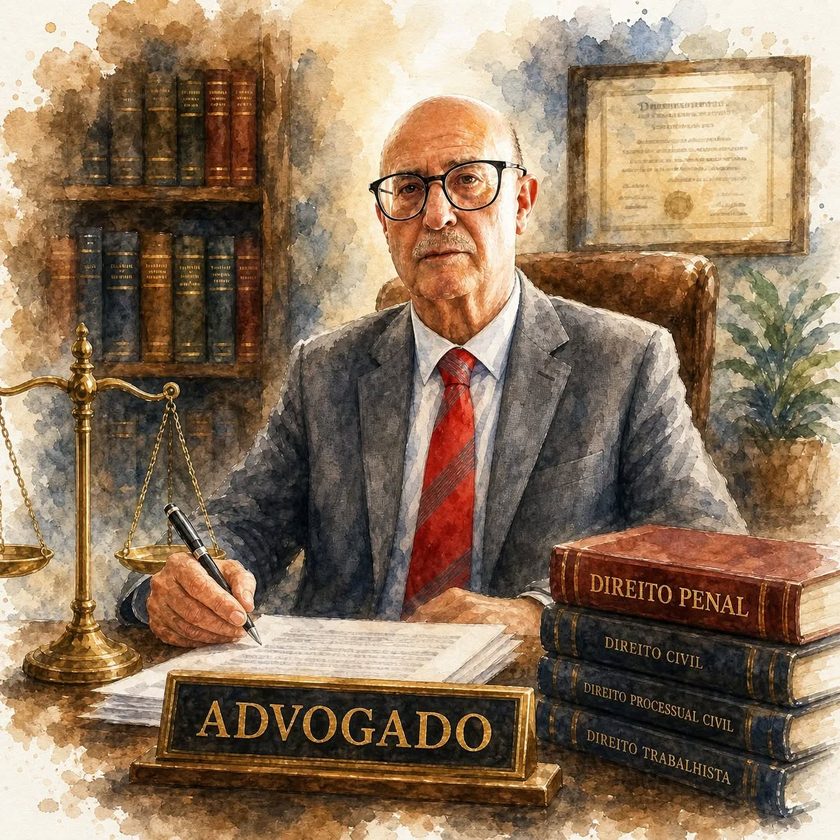 Ilustração em aguarela de Manuel Dória Vilar à secretária do escritório, com uma balança, livros de Direito e uma placa onde se lê Advogado